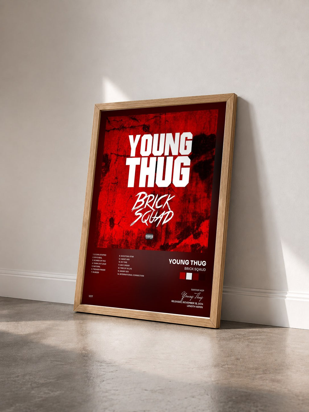 #bois Tableau de l'album Brick Sqaud de Young Thug vu de trois quarts, cadre en bois brut