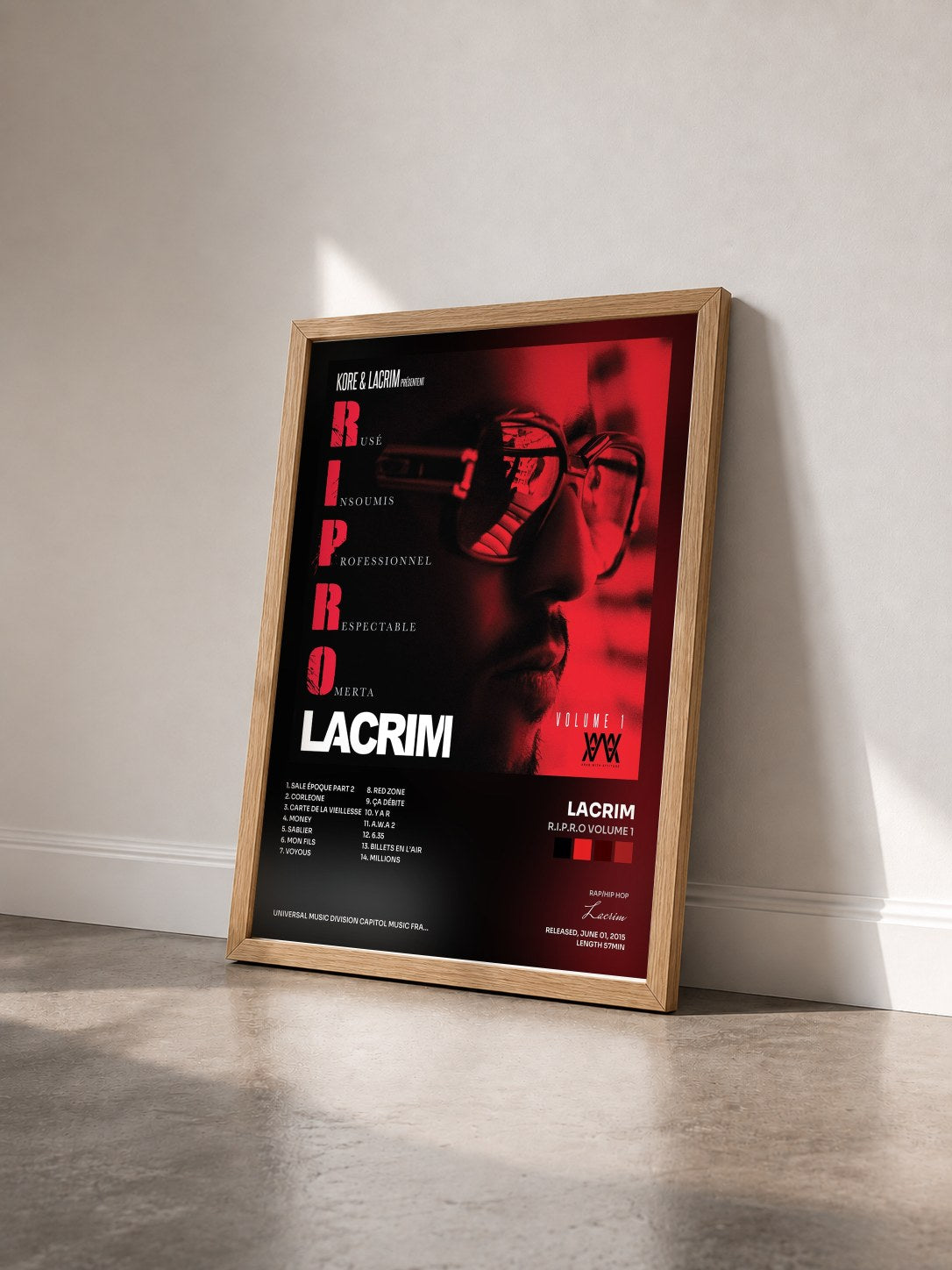 #bois Tableau de l'album R.I.P.R.O Volume 1 de Lacrim vu de trois quarts, cadre en bois brut