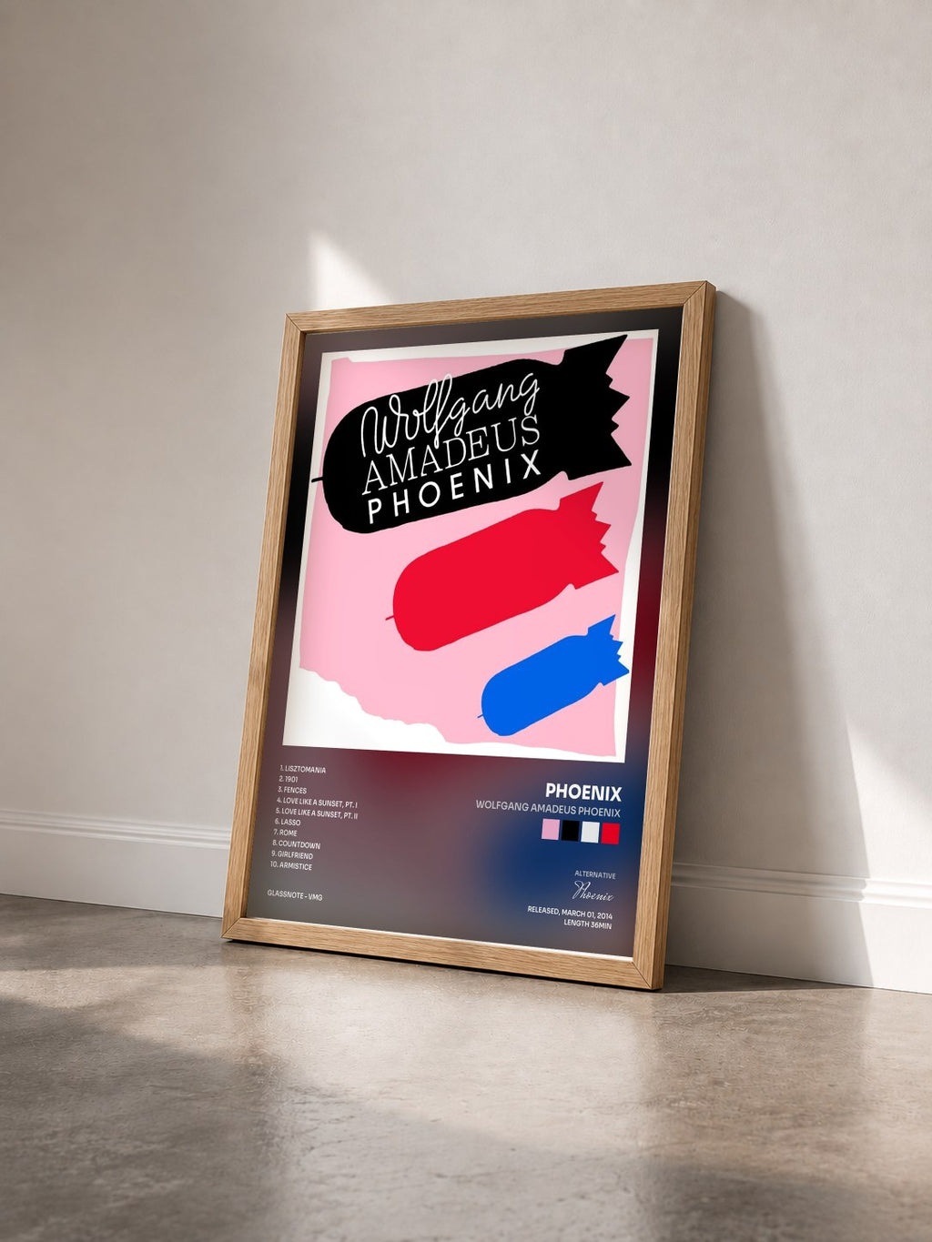 #bois Tableau de l'album Wolfgang Amadeus Phoenix de Phoenix vu de trois quarts, cadre en bois brut