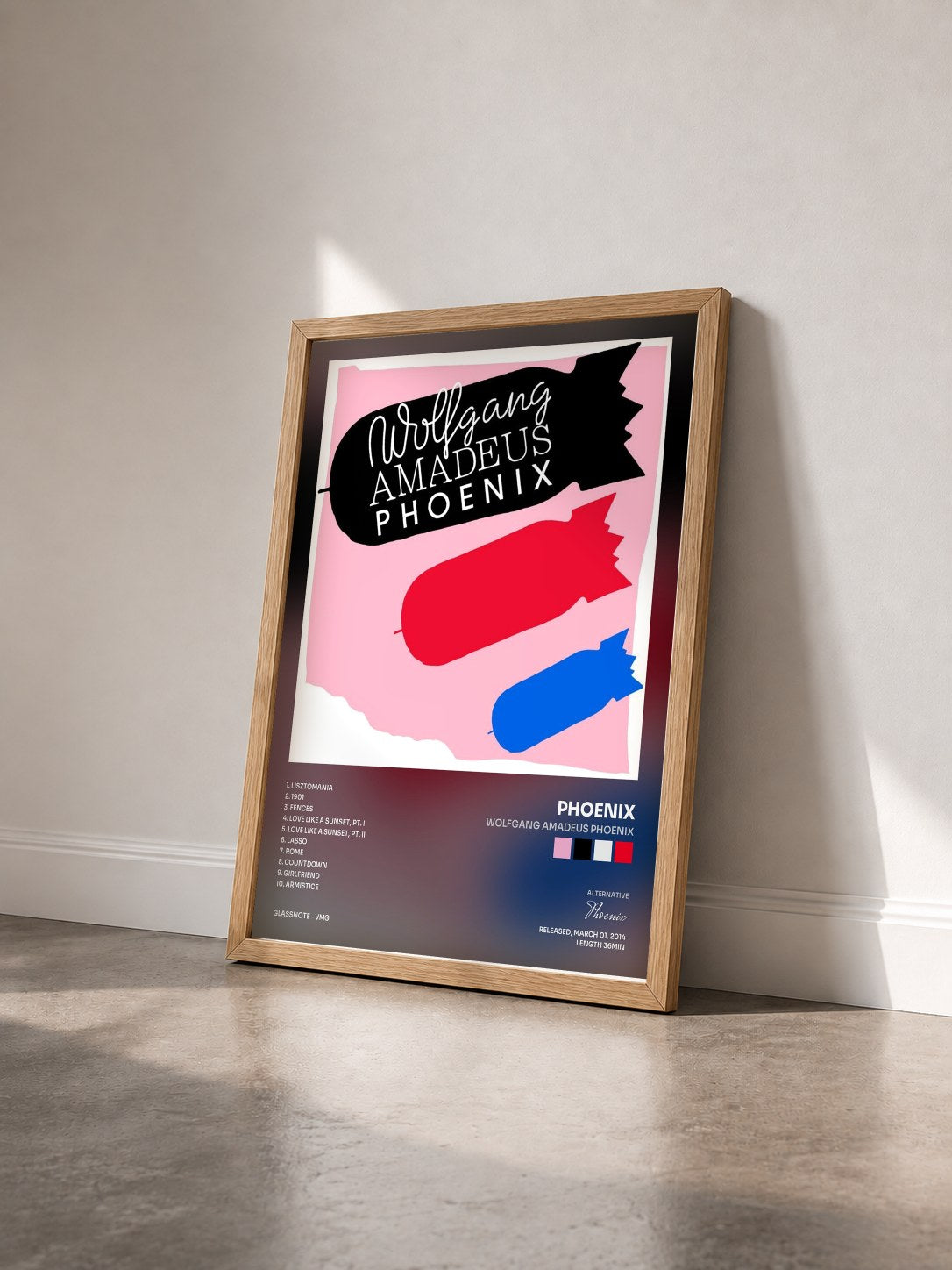 #bois Tableau de l'album Wolfgang Amadeus Phoenix de Phoenix vu de trois quarts, cadre en bois brut