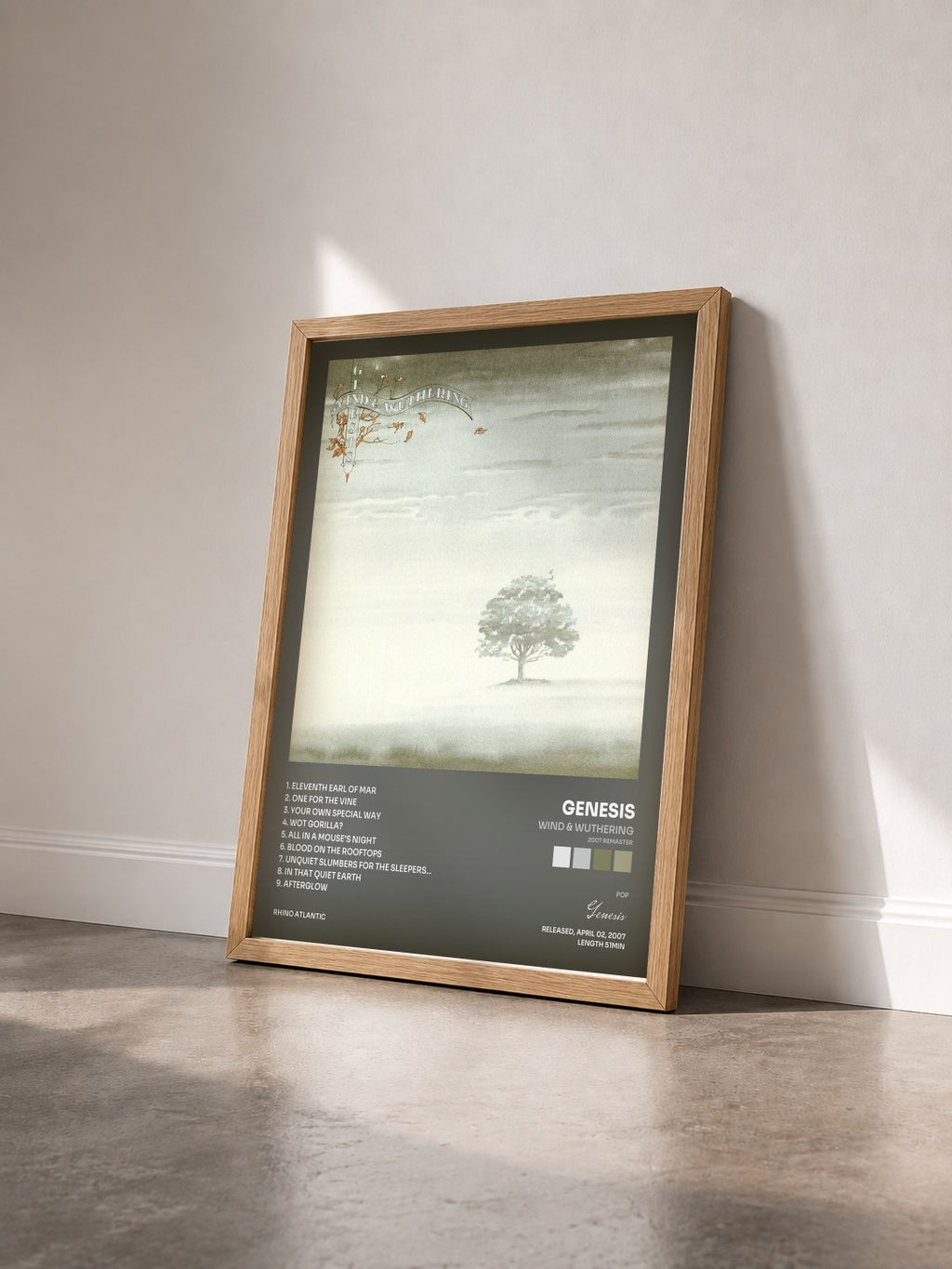 #bois Tableau de l'album Wind & Wuthering (2007 Remaster) de Genesis vu de trois quarts, cadre en bois brut