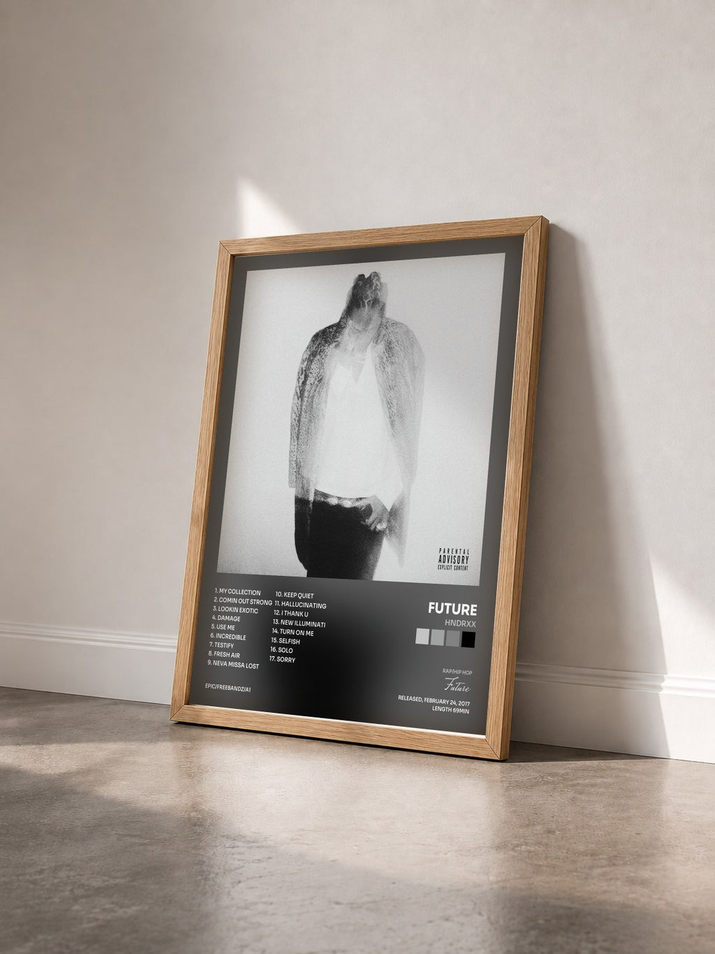 #bois Tableau de l'album HNDRXX de Future vu de trois quarts, cadre en bois brut