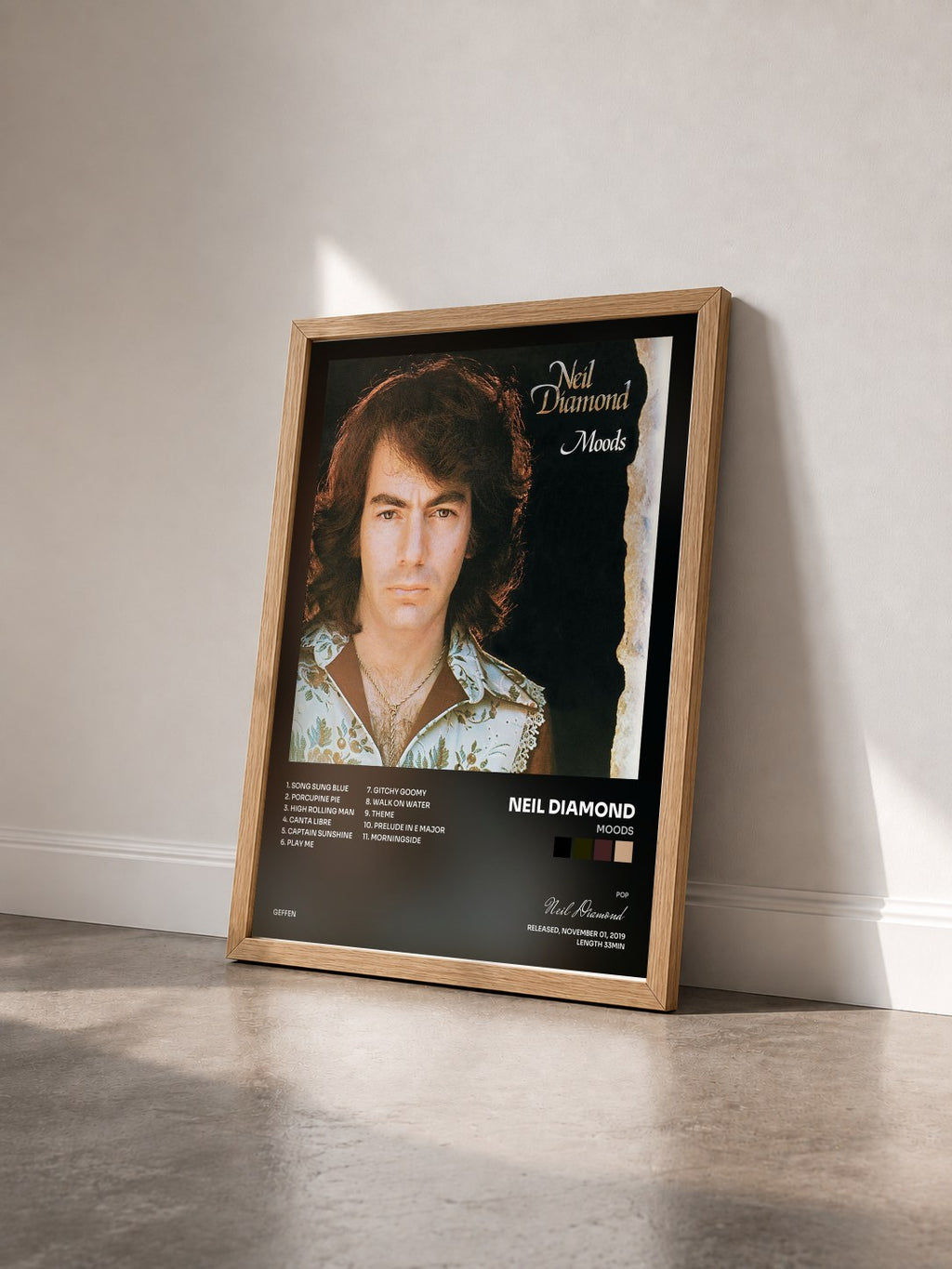 #bois Tableau de l'album Moods de Neil Diamond vu de trois quarts, cadre en bois brut