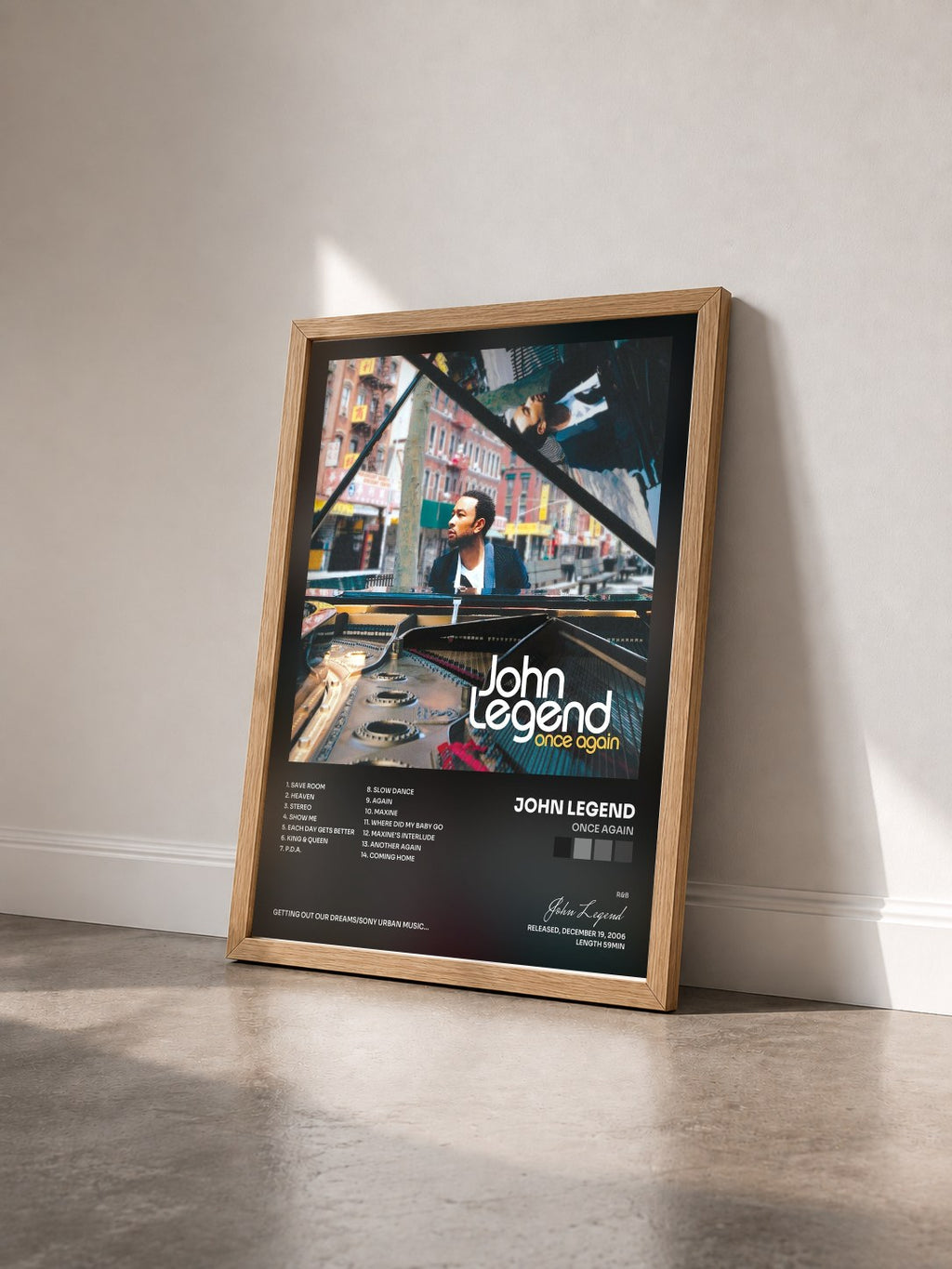 #bois Tableau de l'album Once Again de John Legend vu de trois quarts, cadre en bois brut