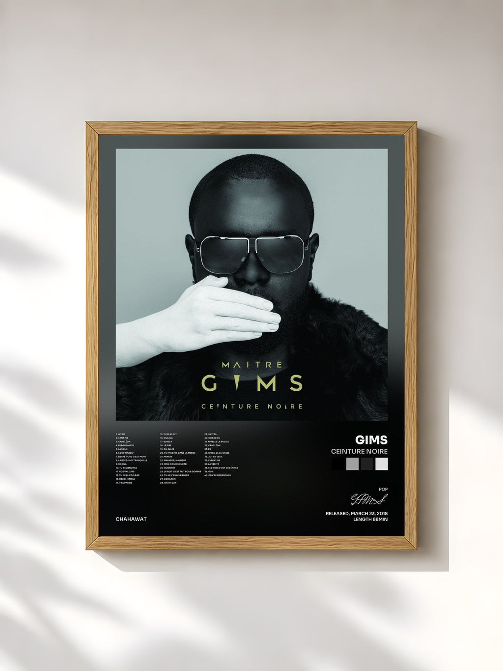 #bois Tableau de l'album Ceinture noire de GIMS, cadre en bois brut, imprimé et encadré en France