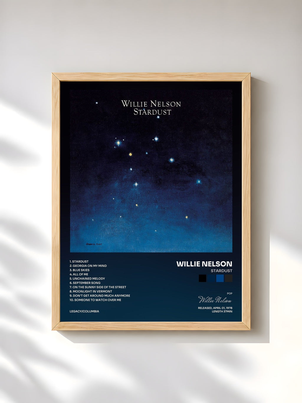 #bois Tableau de l'album Stardust de Willie Nelson, cadre en bois brut, imprimé et encadré en France