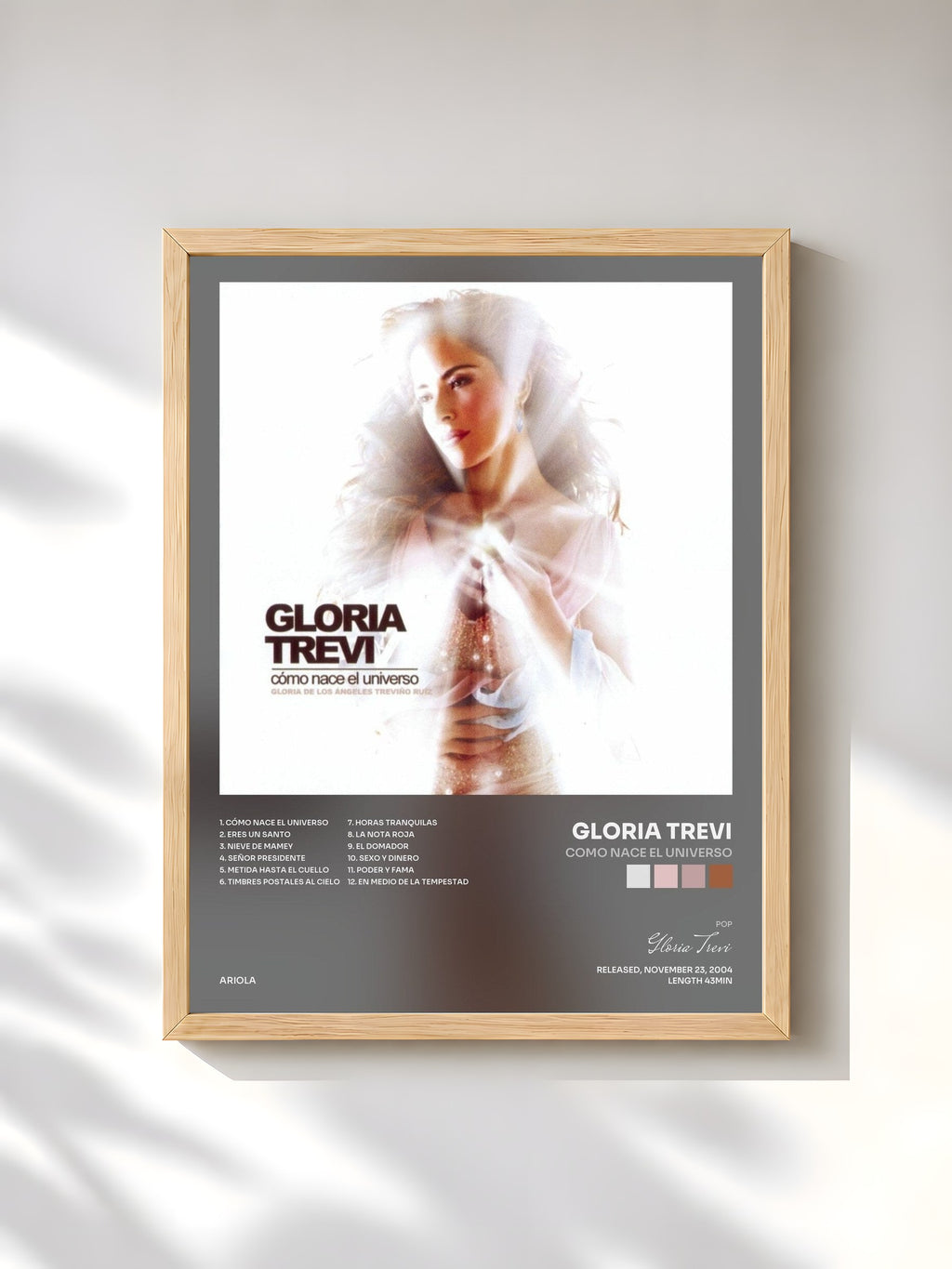 #bois Tableau de l'album Como Nace El Universo de Gloria Trevi, cadre en bois brut, imprimé et encadré en France