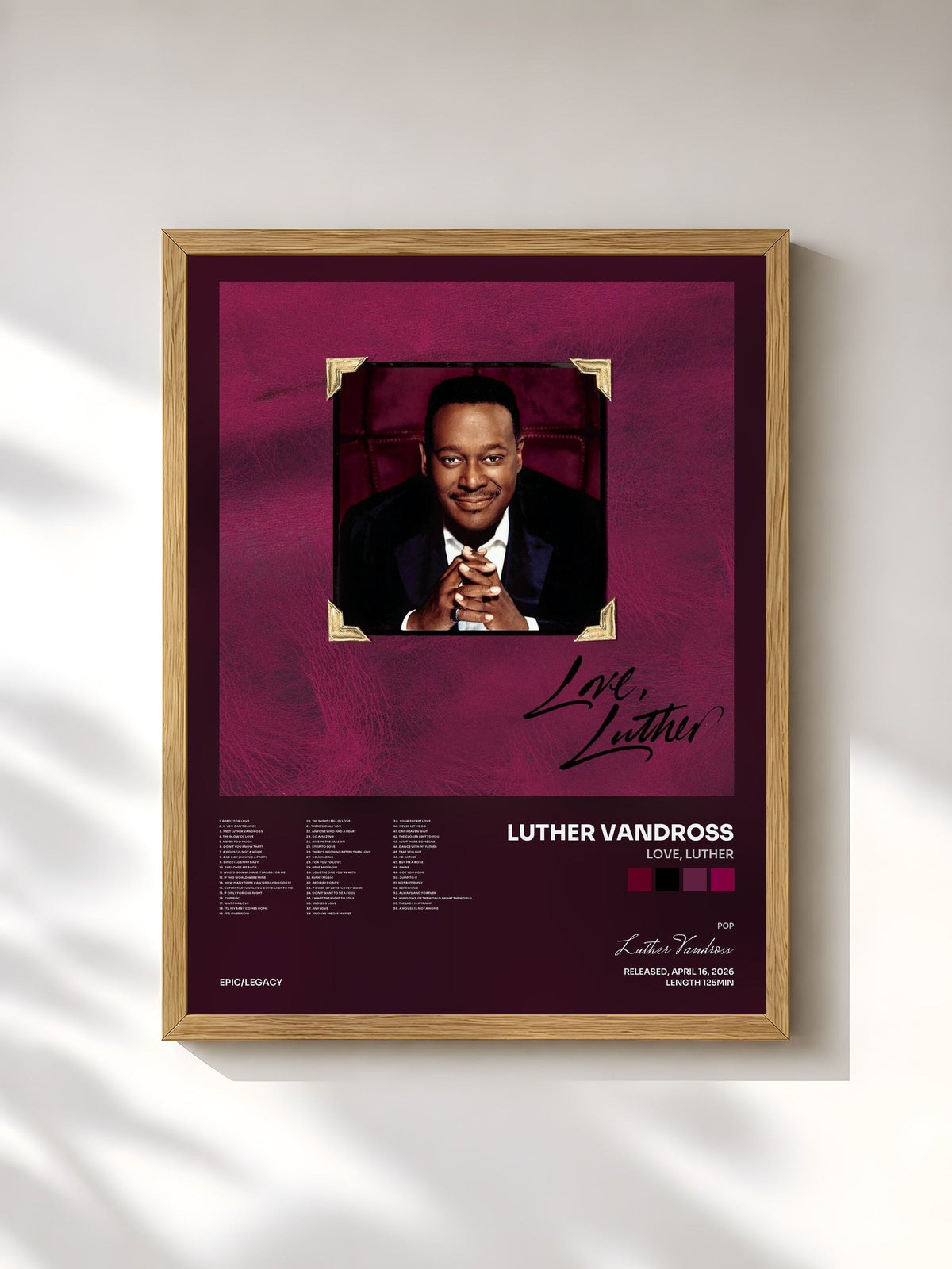 #bois Tableau de l'album Love, Luther de Luther Vandross, cadre en bois brut, imprimé et encadré en France