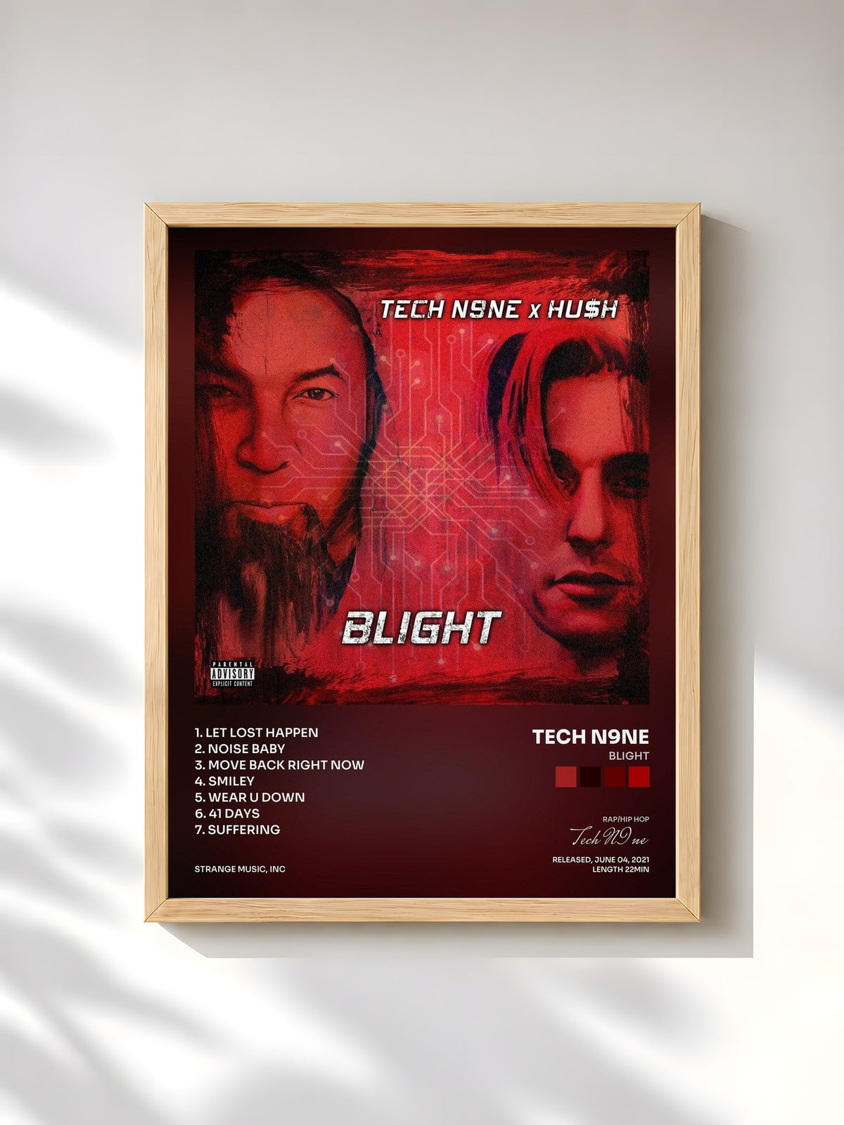 #bois Tableau de l'album BLIGHT de Tech N9ne, cadre en bois brut, imprimé et encadré en France