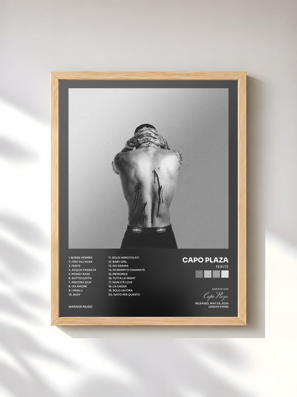 #bois Tableau de l'album FERITE de Capo Plaza, cadre en bois brut, imprimé et encadré en France