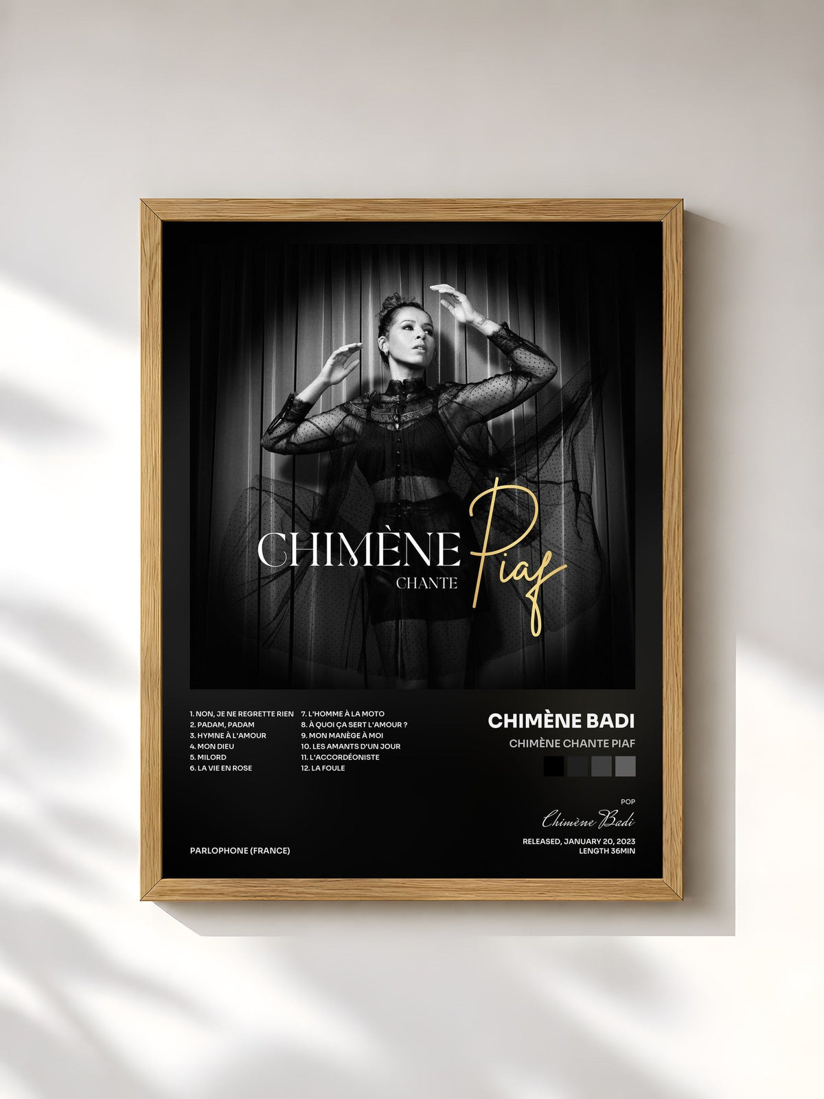 #bois Tableau de l'album Chimène chante Piaf de Chimène Badi, cadre en bois brut, imprimé et encadré en France