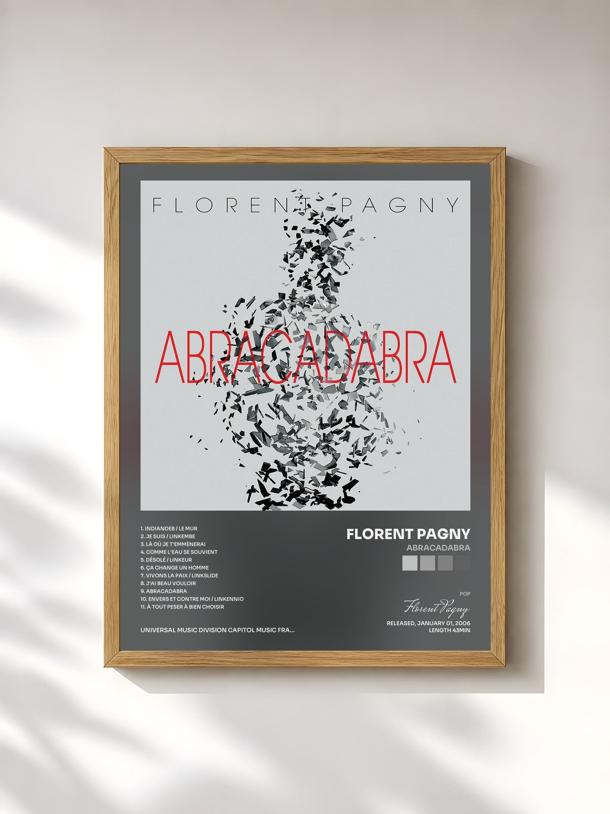 #bois Tableau de l'album Abracadabra de Florent Pagny, cadre en bois brut, imprimé et encadré en France