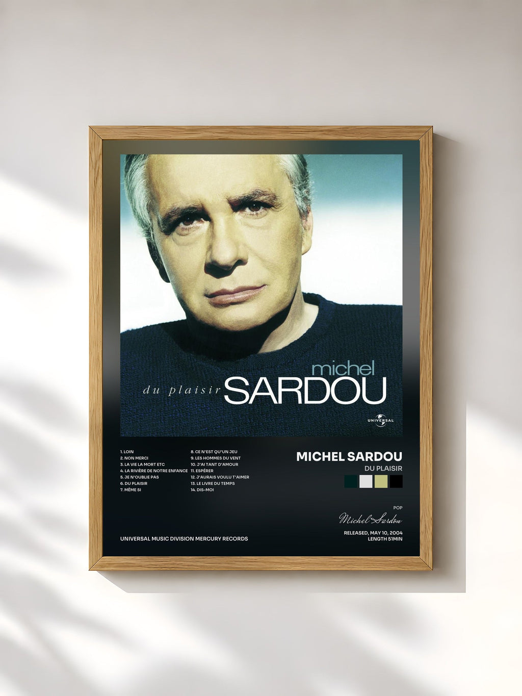 #bois Tableau de l'album Du Plaisir de Michel Sardou, cadre en bois brut, imprimé et encadré en France