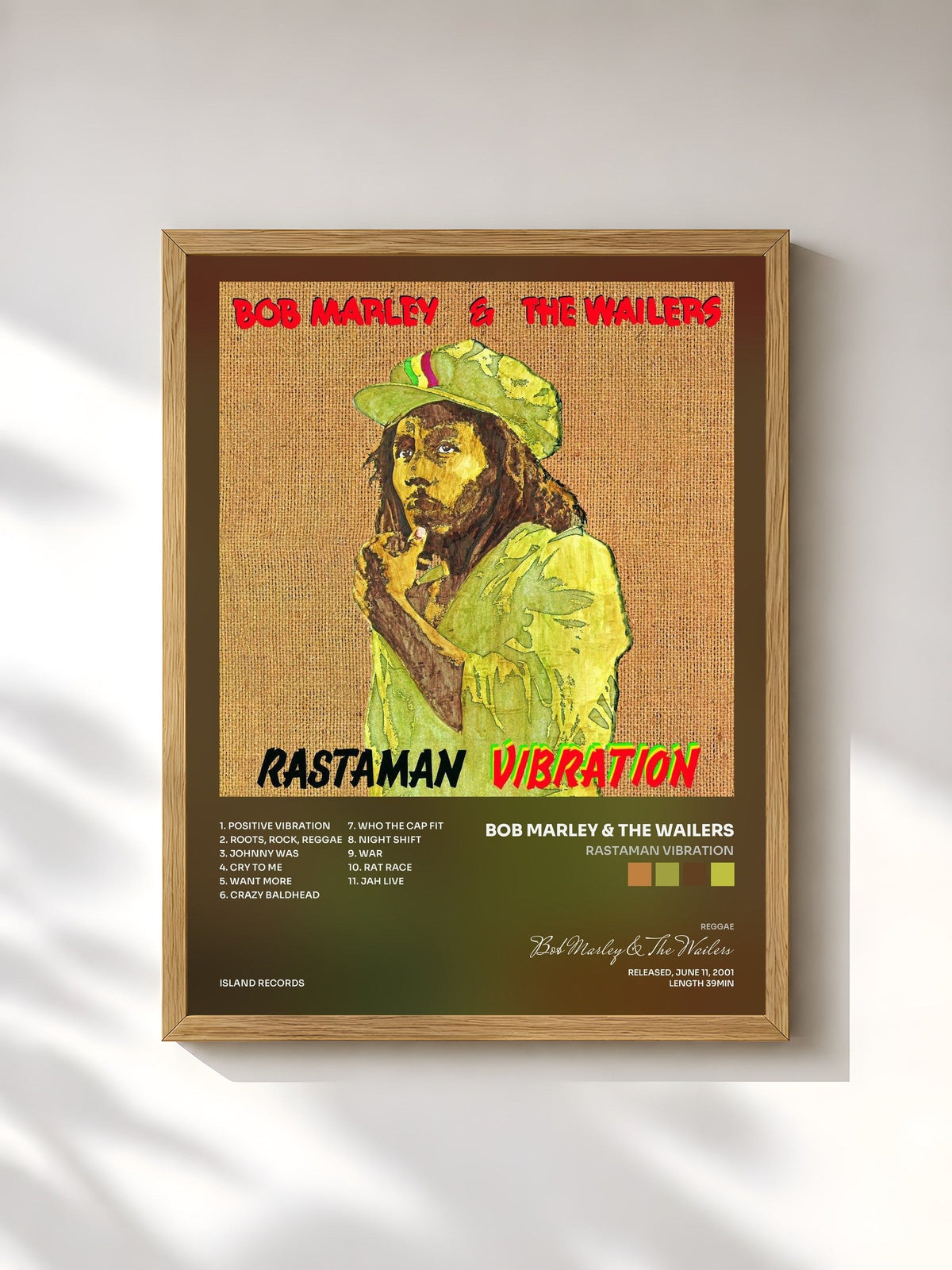 #bois Tableau de l'album Rastaman Vibration de Bob Marley & The Wailers, cadre en bois brut, imprimé et encadré en France