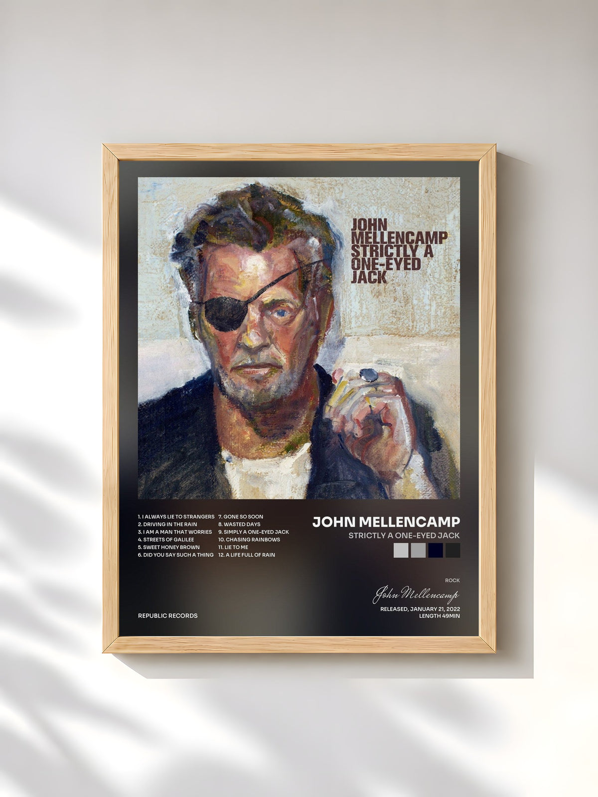 #bois Tableau de l'album Strictly A One-Eyed Jack de John Mellencamp, cadre en bois brut, imprimé et encadré en France