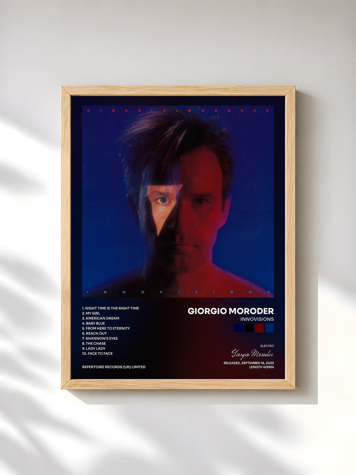 #bois Tableau de l'album Innovisions de Giorgio Moroder, cadre en bois brut, imprimé et encadré en France