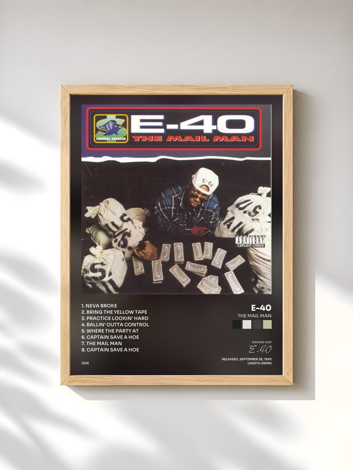 #bois Tableau de l'album The Mail Man de E-40, cadre en bois brut, imprimé et encadré en France