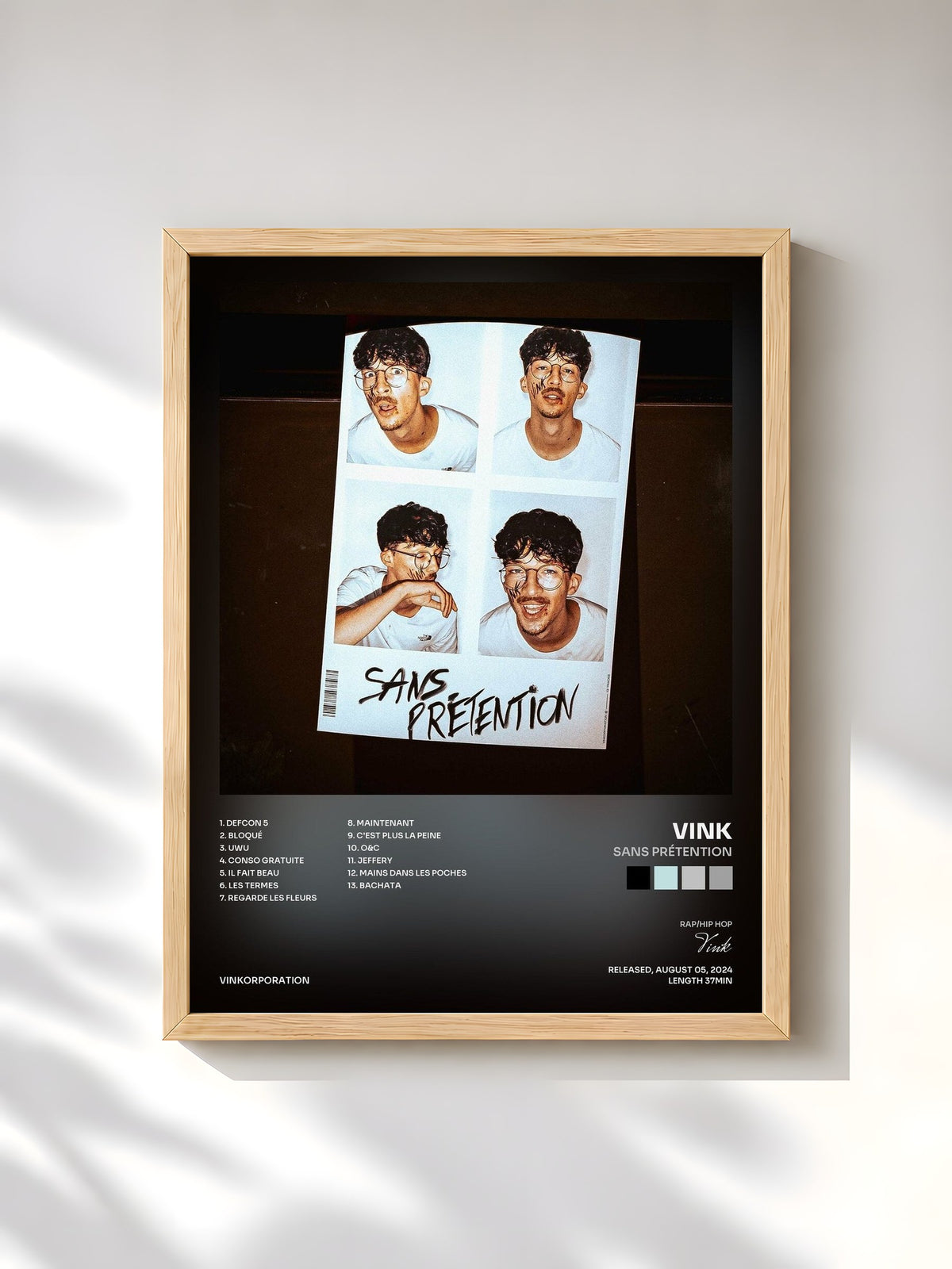 #bois Tableau de l'album Sans Prétention de Vink, cadre en bois brut, imprimé et encadré en France