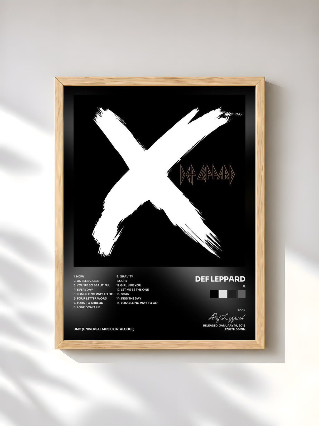 #bois Tableau de l'album X de Def Leppard, cadre en bois brut, imprimé et encadré en France