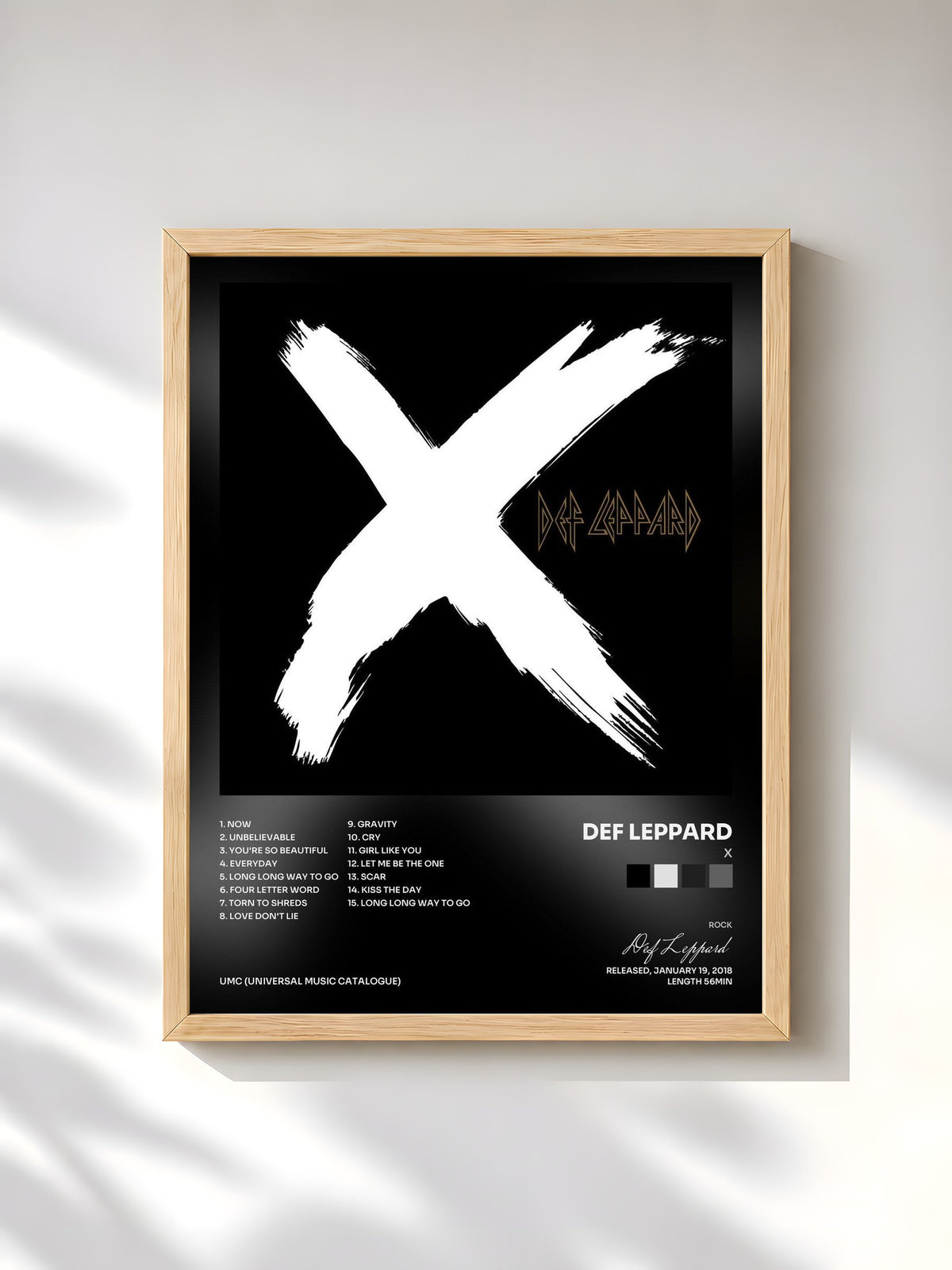 #bois Tableau de l'album X de Def Leppard, cadre en bois brut, imprimé et encadré en France