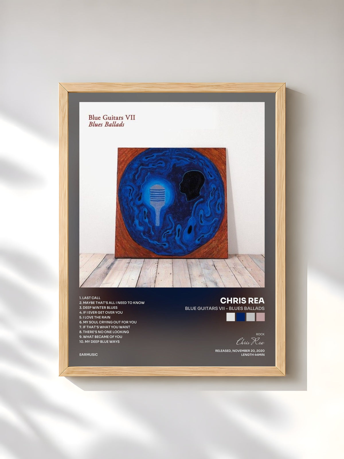 #bois Tableau de l'album Blue Guitars VII - Blues Ballads de Chris Rea, cadre en bois brut, imprimé et encadré en France