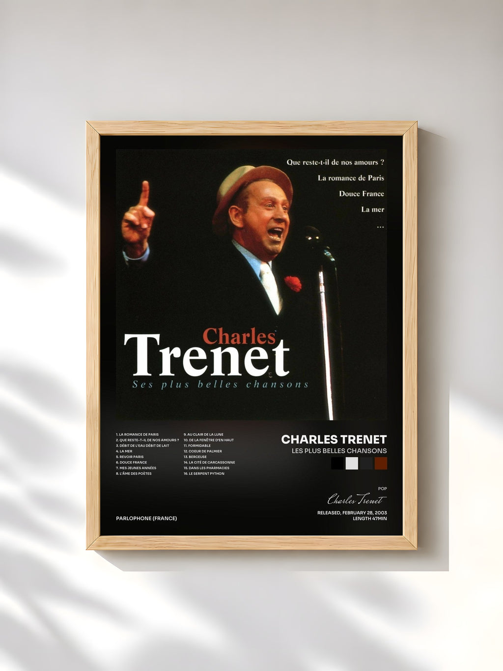 #bois Tableau de l'album les plus belles chansons de Charles Trenet, cadre en bois brut, imprimé et encadré en France