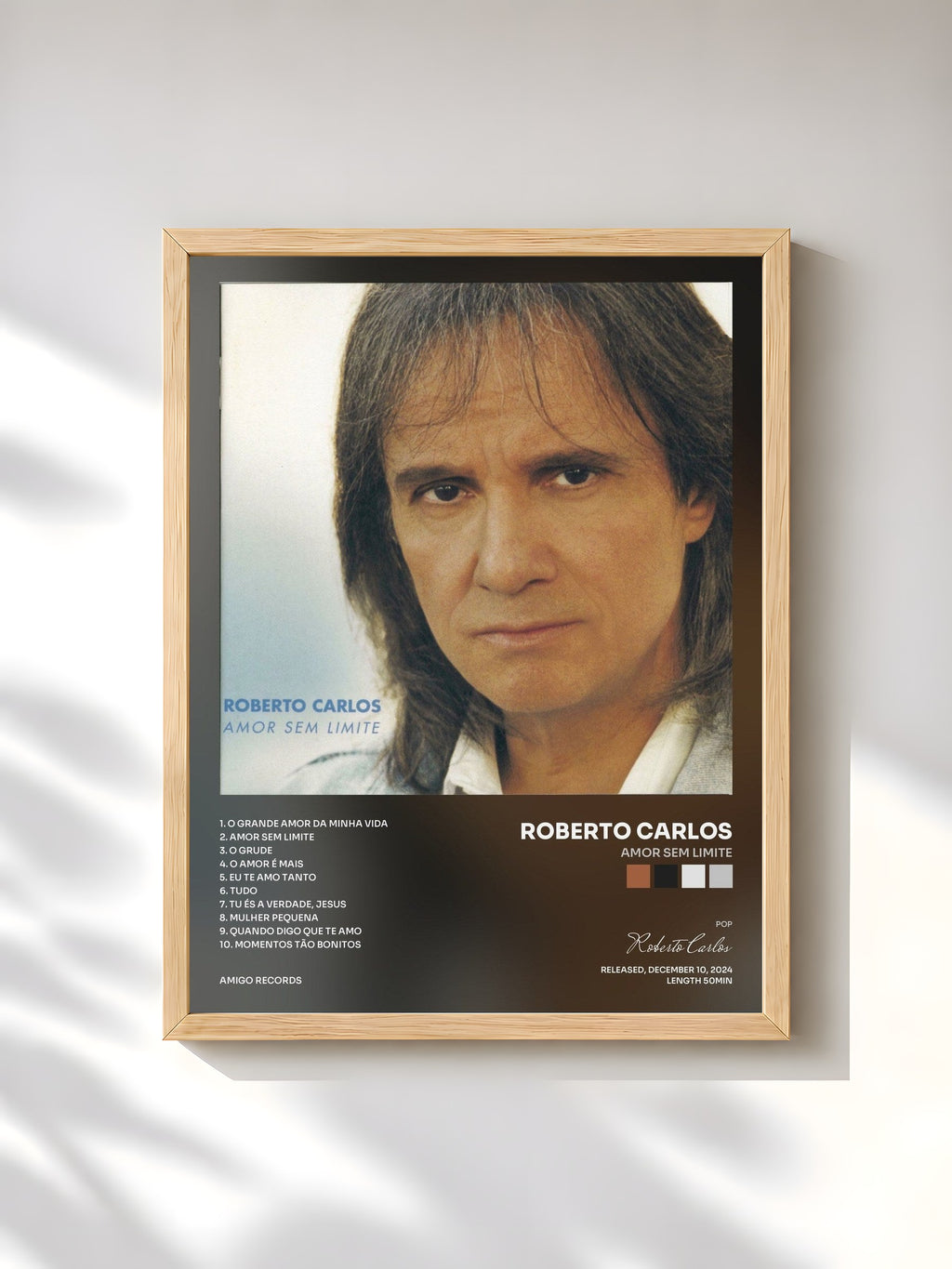 #bois Tableau de l'album Amor Sem Limite de Roberto Carlos, cadre en bois brut, imprimé et encadré en France