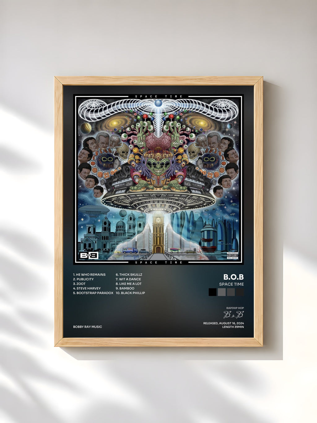 #bois Tableau de l'album Space Time de B.o.B, cadre en bois brut, imprimé et encadré en France
