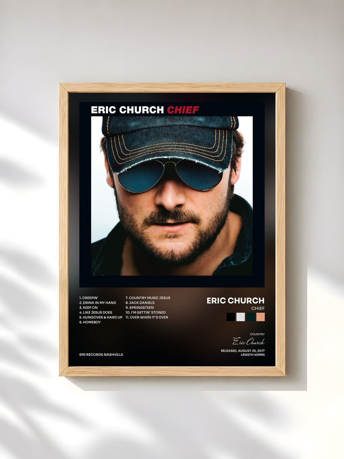 #bois Tableau de l'album Chief de Eric Church, cadre en bois brut, imprimé et encadré en France