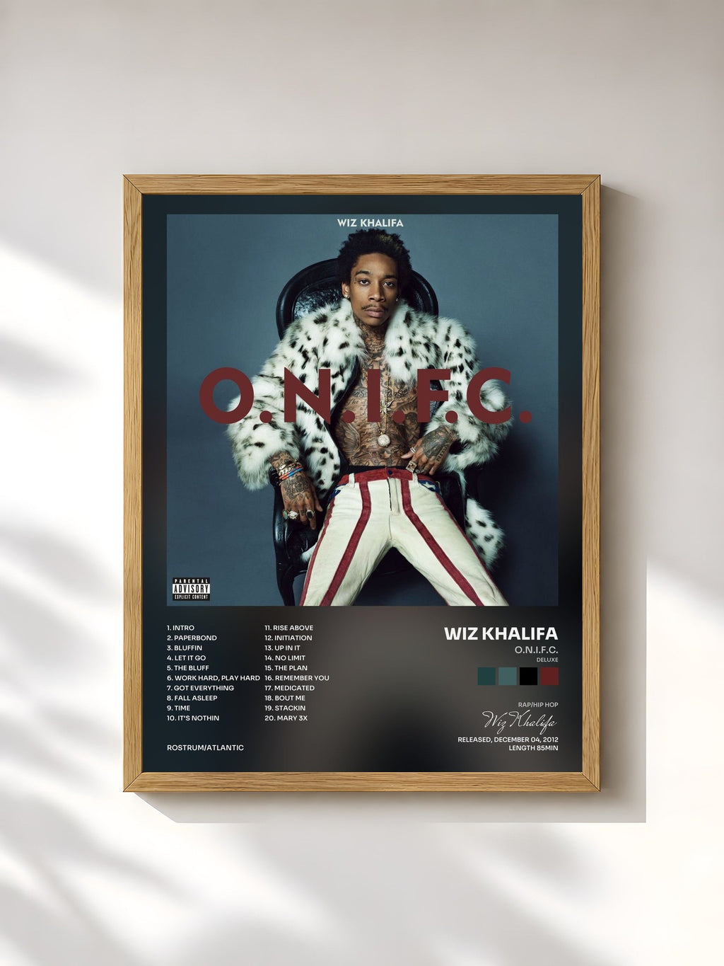 #bois Tableau de l'album O.N.I.F.C. (Deluxe) de Wiz Khalifa, cadre en bois brut, imprimé et encadré en France