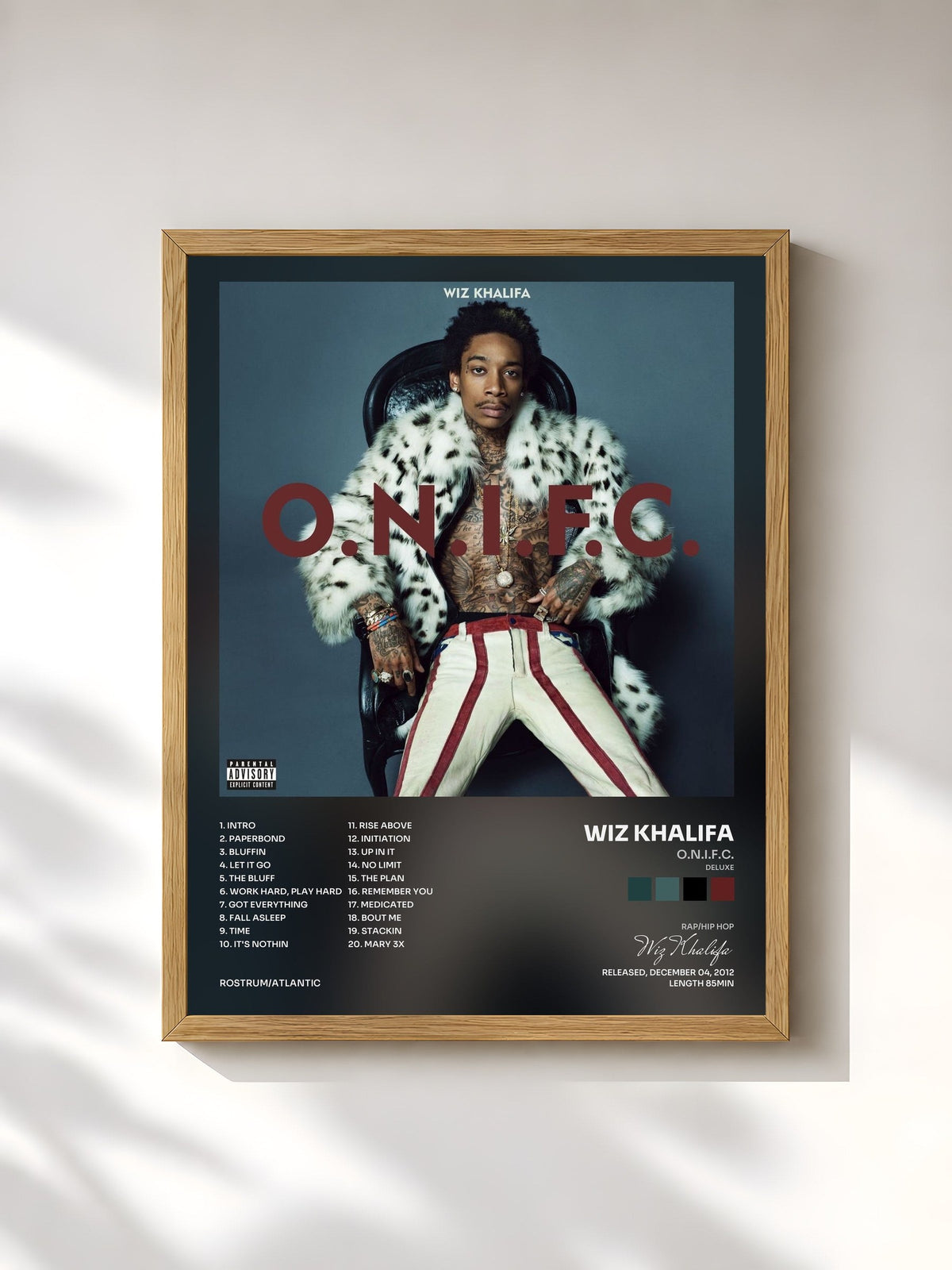 #bois Tableau de l'album O.N.I.F.C. (Deluxe) de Wiz Khalifa, cadre en bois brut, imprimé et encadré en France
