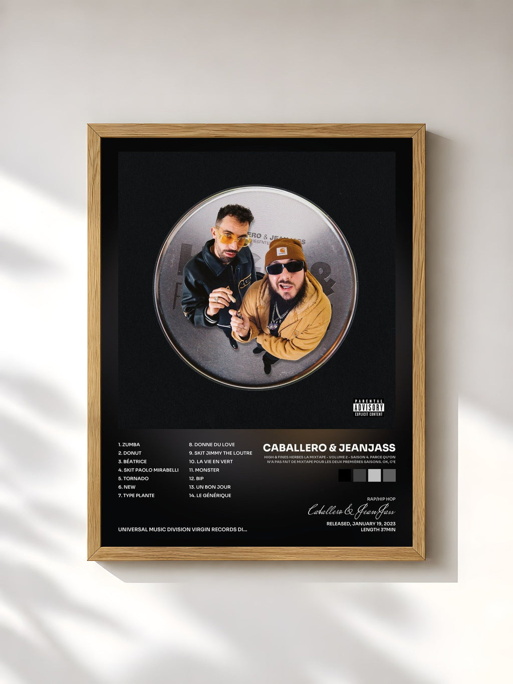 #bois Tableau de l'album High & Fines Herbes La Mixtape - Volume 2 - Saison 4. Parce qu’on n’a pas fait de mixtape pour les deux premières saisons. Ok, c’e de Caballero & JeanJass, cadre en bois brut, imprimé et encadré en France