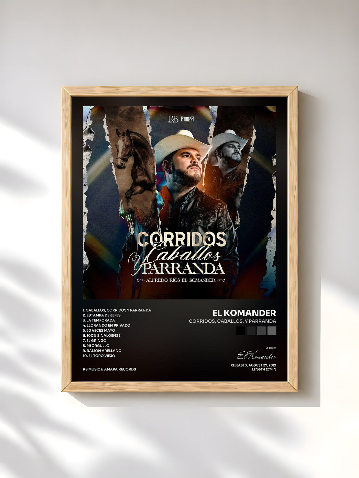 #bois Tableau de l'album Corridos, Caballos, Y Parranda de El Komander, cadre en bois brut, imprimé et encadré en France
