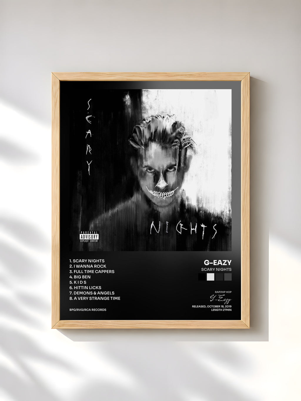 #bois Tableau de l'album Scary Nights de G-Eazy, cadre en bois brut, imprimé et encadré en France