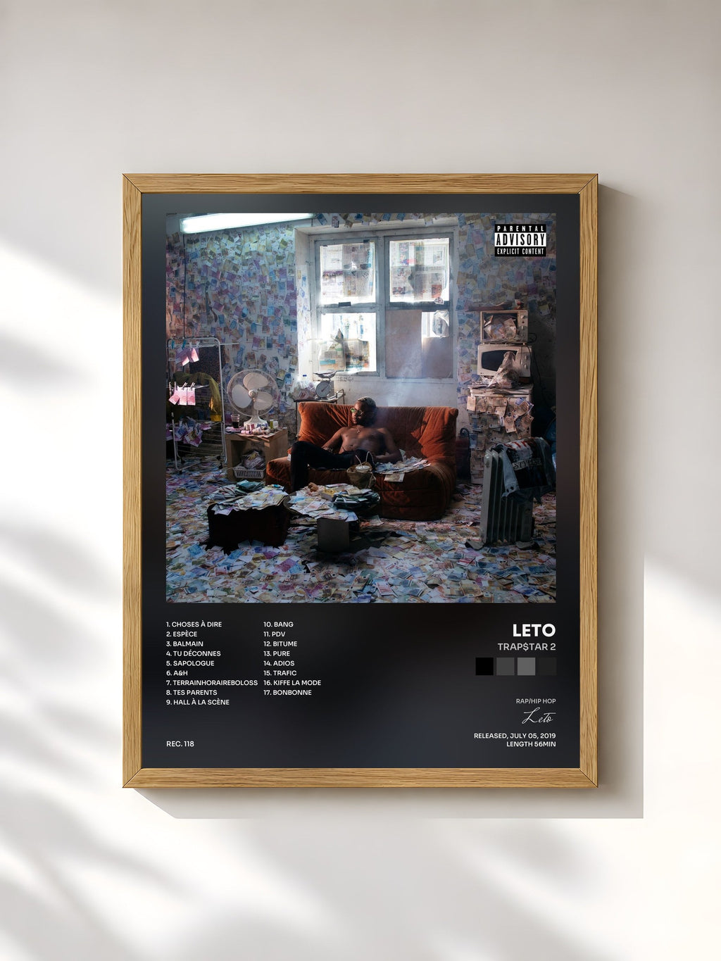 #bois Tableau de l'album TRAP$TAR 2 de Leto, cadre en bois brut, imprimé et encadré en France
