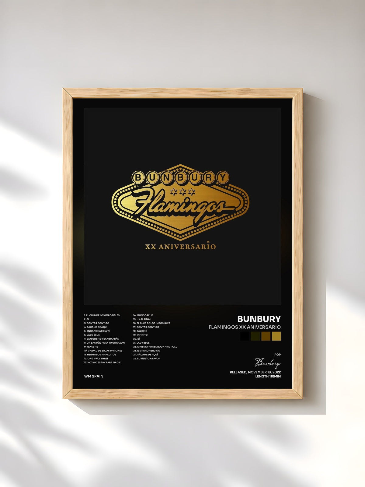 #bois Tableau de l'album Flamingos XX Aniversario de Bunbury, cadre en bois brut, imprimé et encadré en France