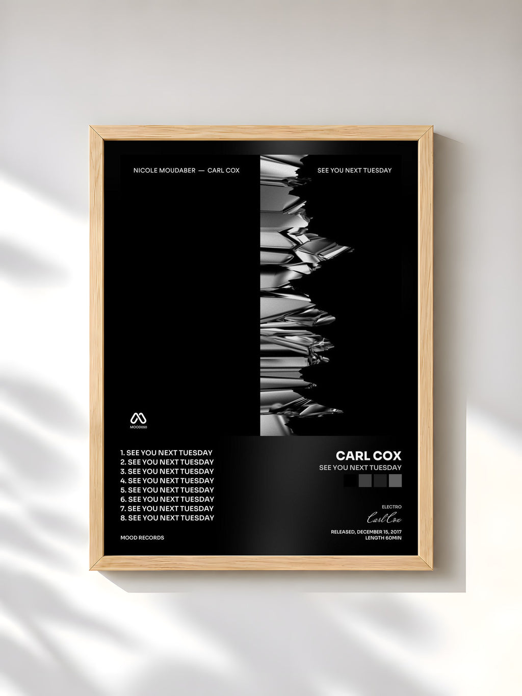 #bois Tableau de l'album See You Next Tuesday de Carl Cox, cadre en bois brut, imprimé et encadré en France