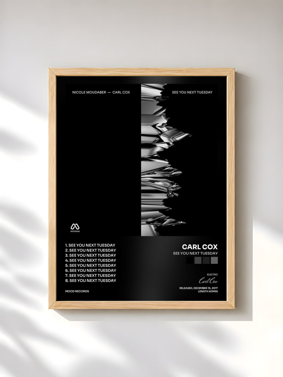 #bois Tableau de l'album See You Next Tuesday de Carl Cox, cadre en bois brut, imprimé et encadré en France