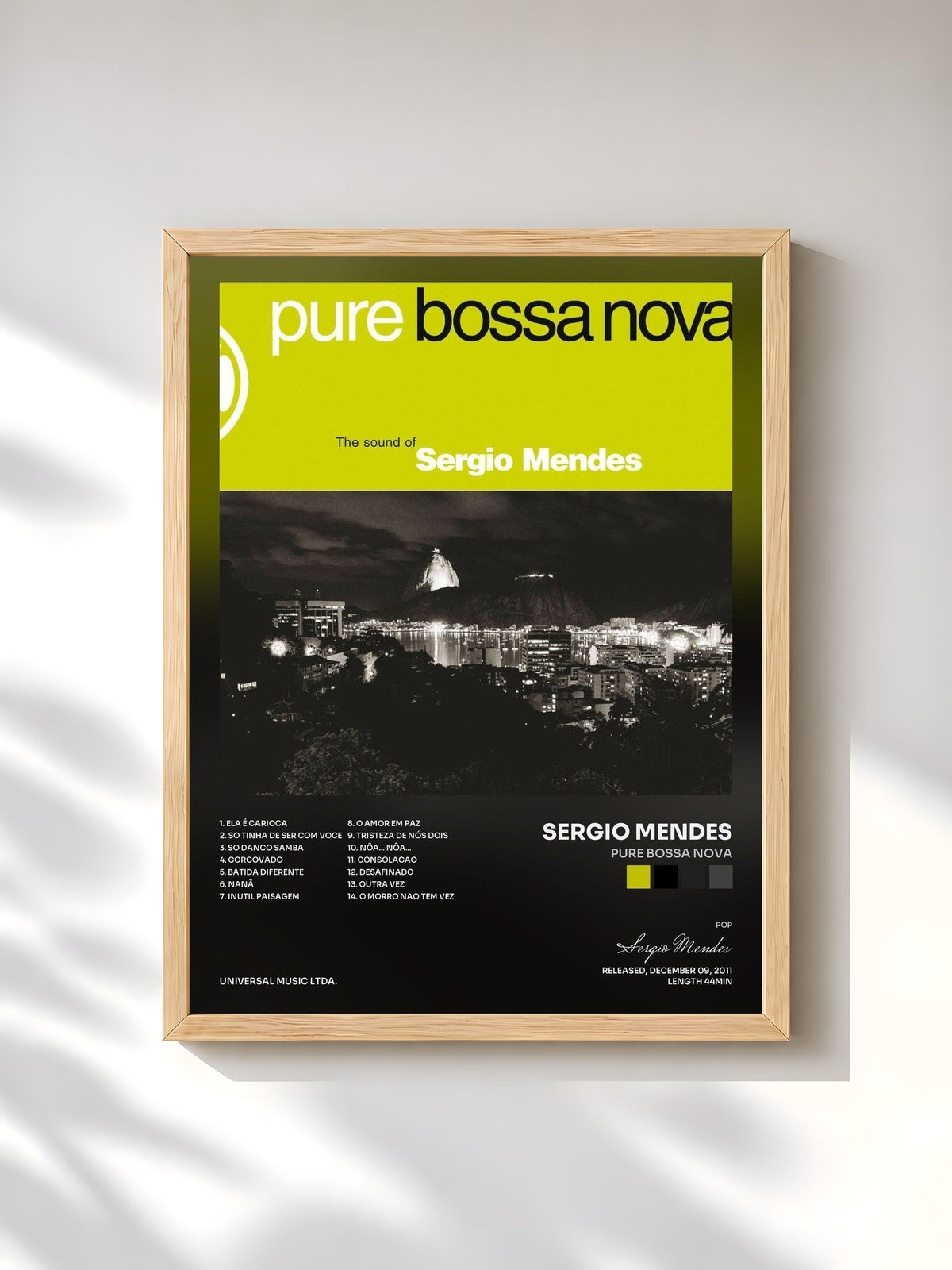 #bois Tableau de l'album Pure Bossa Nova de Sergio Mendes, cadre en bois brut, imprimé et encadré en France