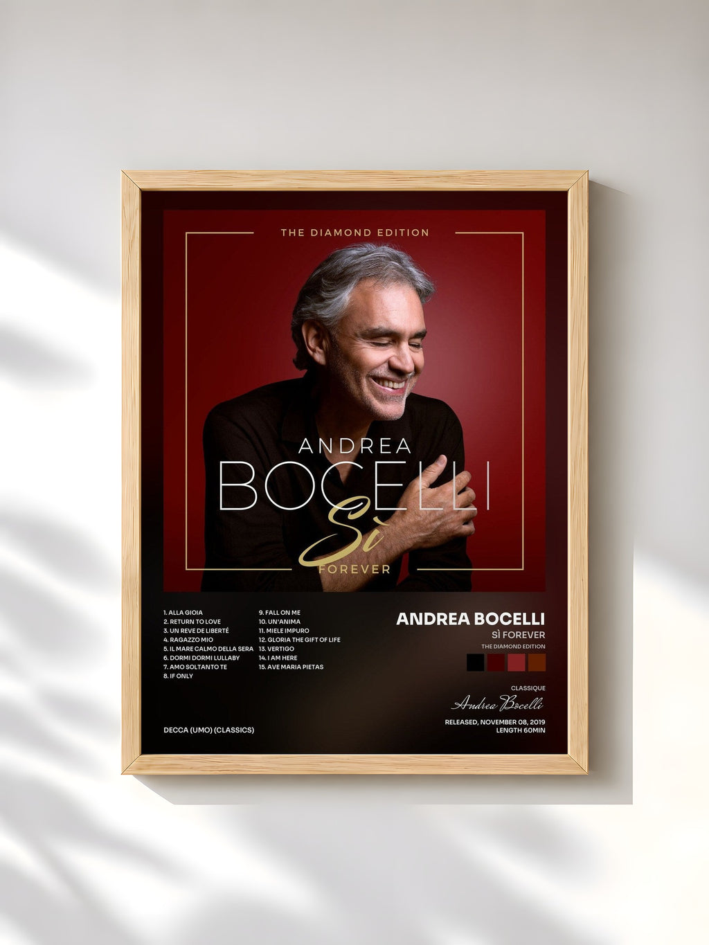 #bois Tableau de l'album Sì Forever (The Diamond Edition) de Andrea Bocelli, cadre en bois brut, imprimé et encadré en France