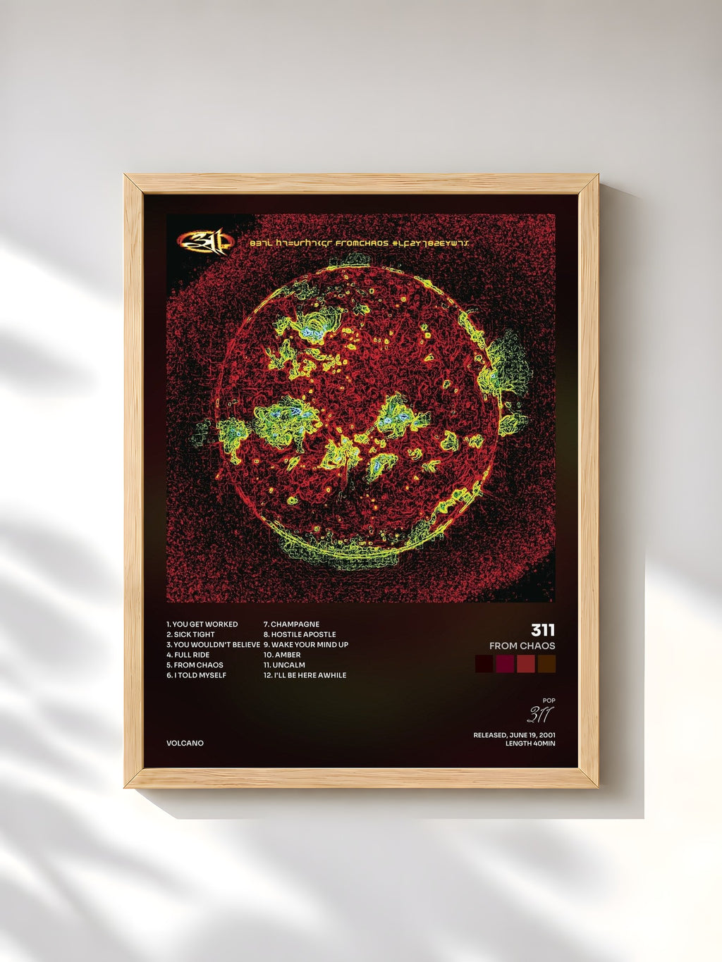 #bois Tableau de l'album From Chaos de 311, cadre en bois brut, imprimé et encadré en France
