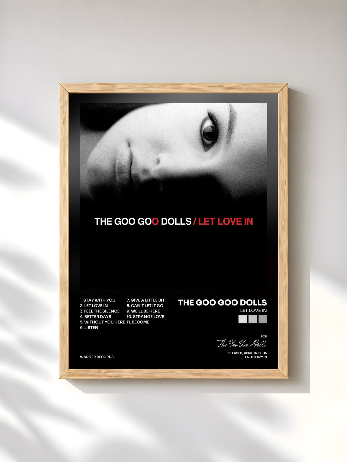 #bois Tableau de l'album Let Love In de The Goo Goo Dolls, cadre en bois brut, imprimé et encadré en France