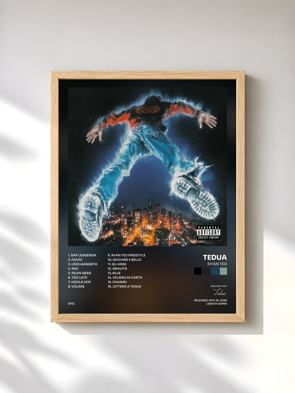 #bois Tableau de l'album RYAN TED de Tedua, cadre en bois brut, imprimé et encadré en France