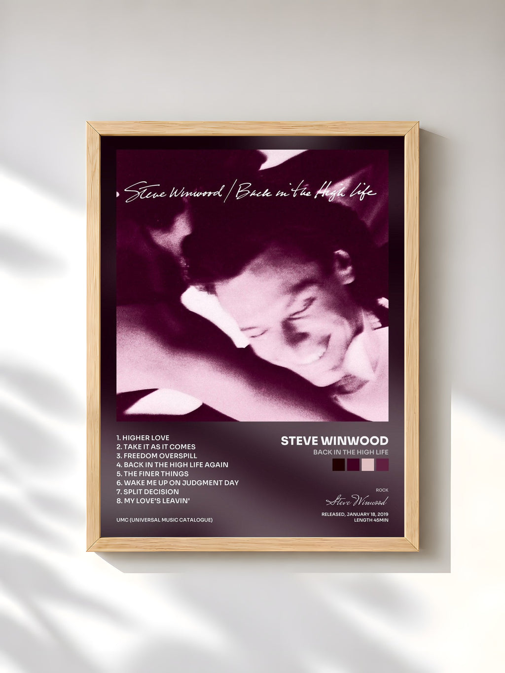 #bois Tableau de l'album Back In The High Life de Steve Winwood, cadre en bois brut, imprimé et encadré en France