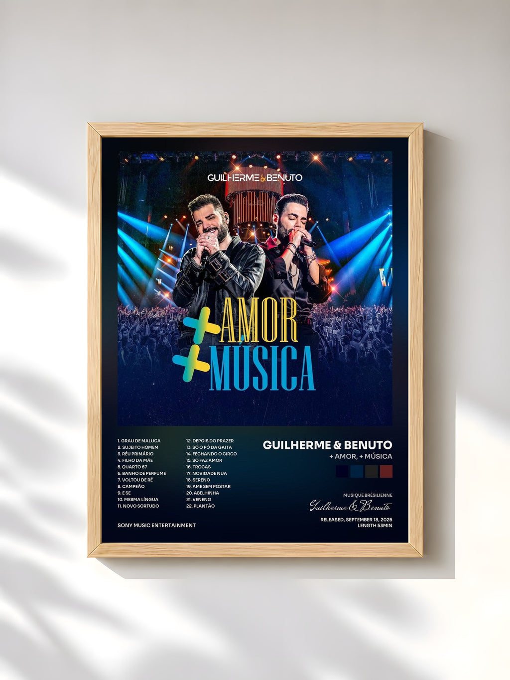 #bois Tableau de l'album + Amor, + Música de Guilherme & Benuto, cadre en bois brut, imprimé et encadré en France