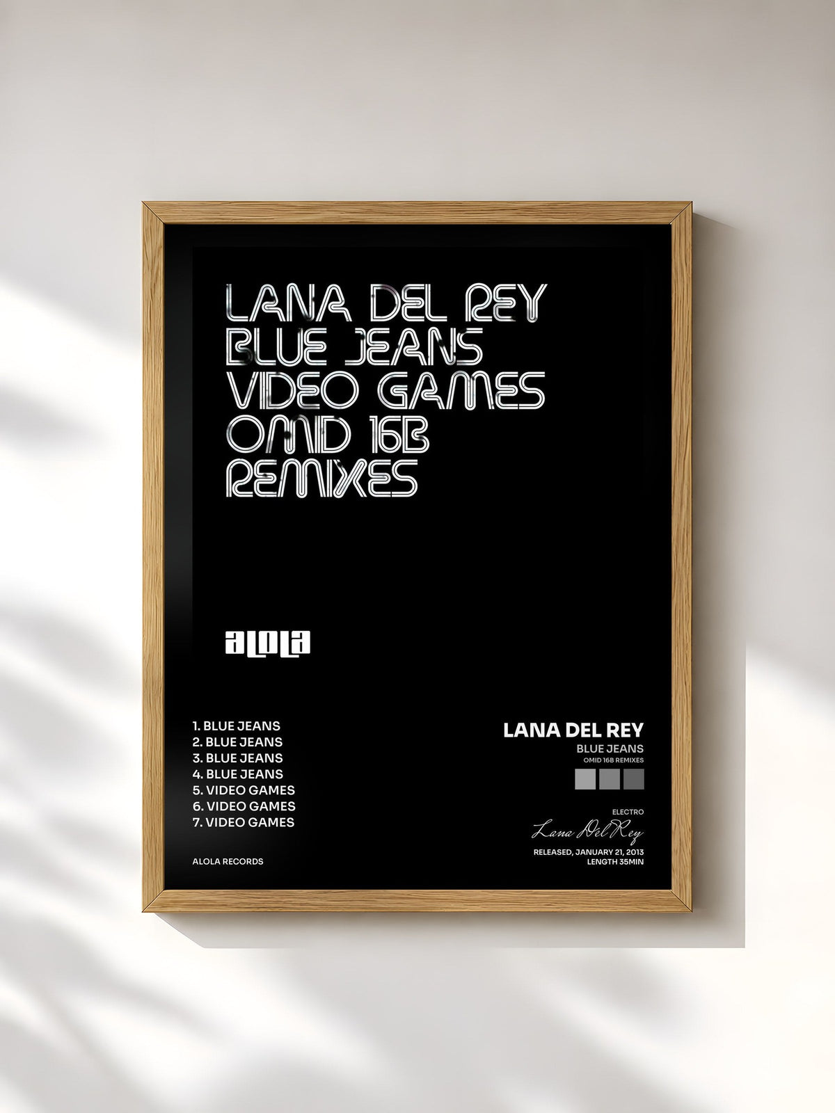 #bois Tableau de l'album Blue Jeans (Omid 16B Remixes) de Lana Del Rey, cadre en bois brut, imprimé et encadré en France