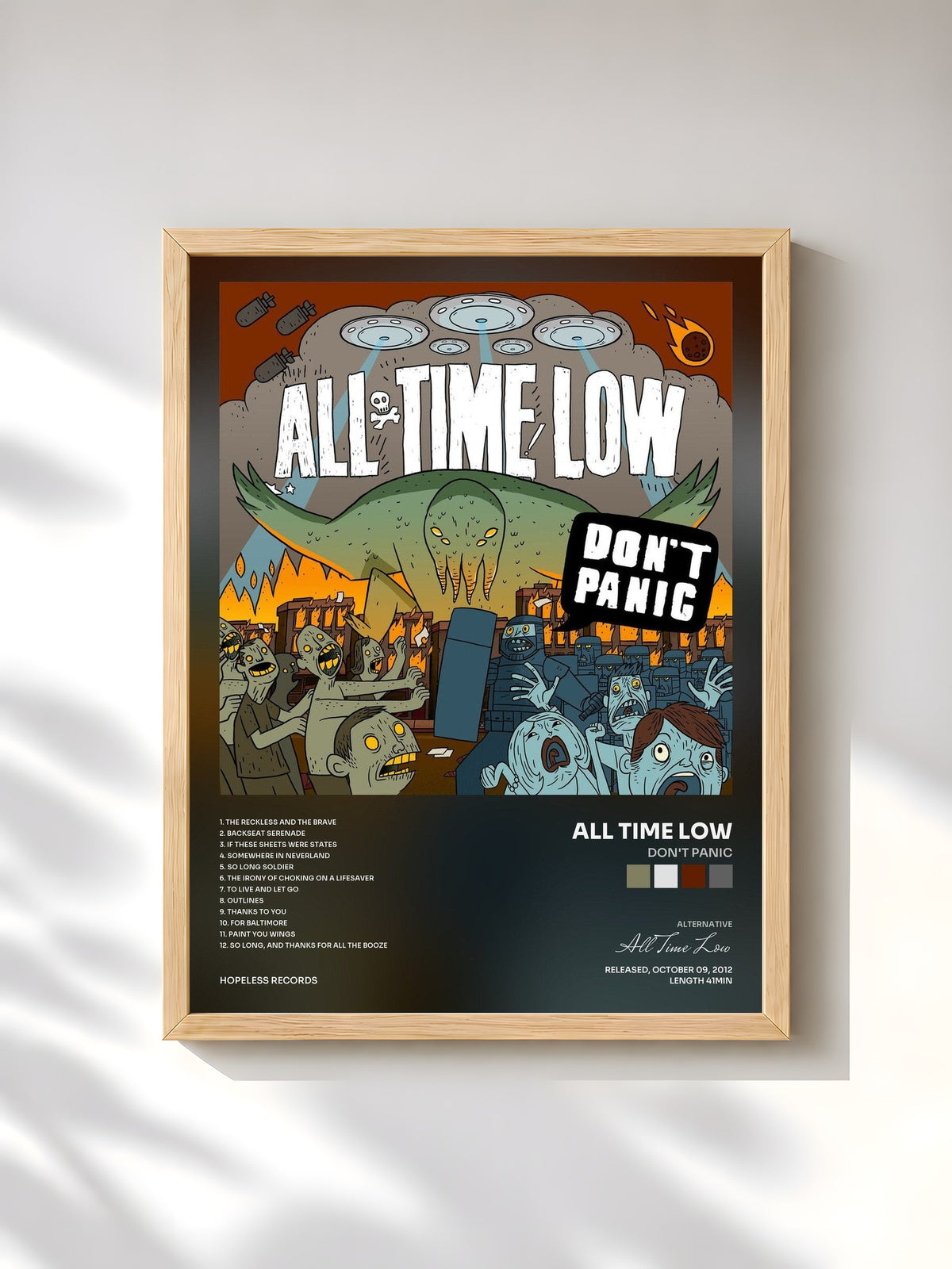 #bois Tableau de l'album Don't Panic de All Time Low, cadre en bois brut, imprimé et encadré en France