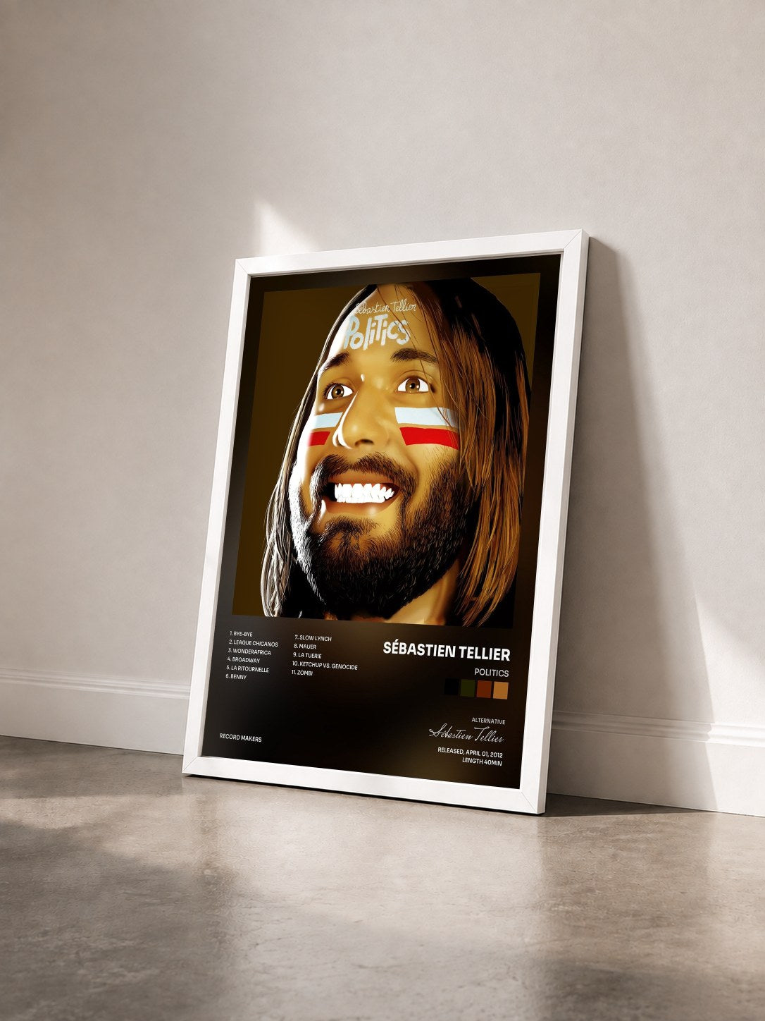 #blanc Tableau de l'album Politics de Sébastien Tellier vu de trois quarts, cadre blanc