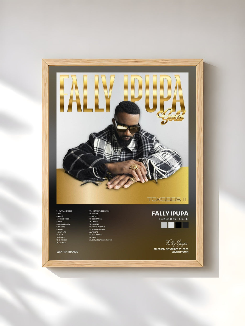 #bois Tableau de l'album Tokooos II Gold de Fally Ipupa, cadre en bois brut, imprimé et encadré en France