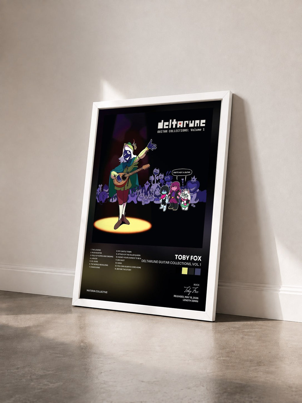 #blanc Tableau de l'album DELTARUNE Guitar Collections, Vol. 1 de Toby Fox vu de trois quarts, cadre blanc